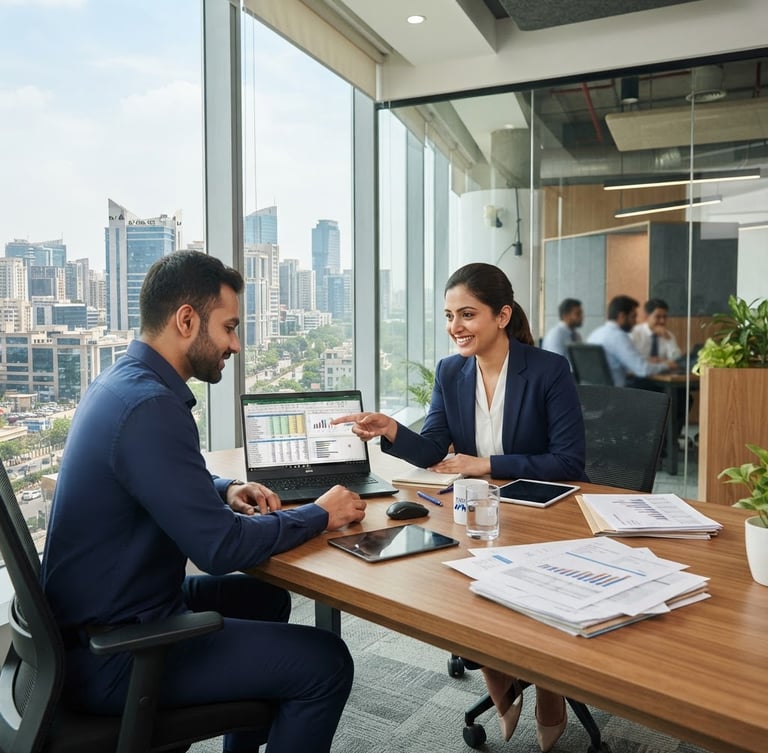 Wide shot of two Indian Chartered Accountants collaborating over a laptop in a modern, bright office, organized financial documents on the desk, Gurugram cityscape visible through a large window, bright natural office light, clean corporate navy and warm tones, sharp focus, 35mm.