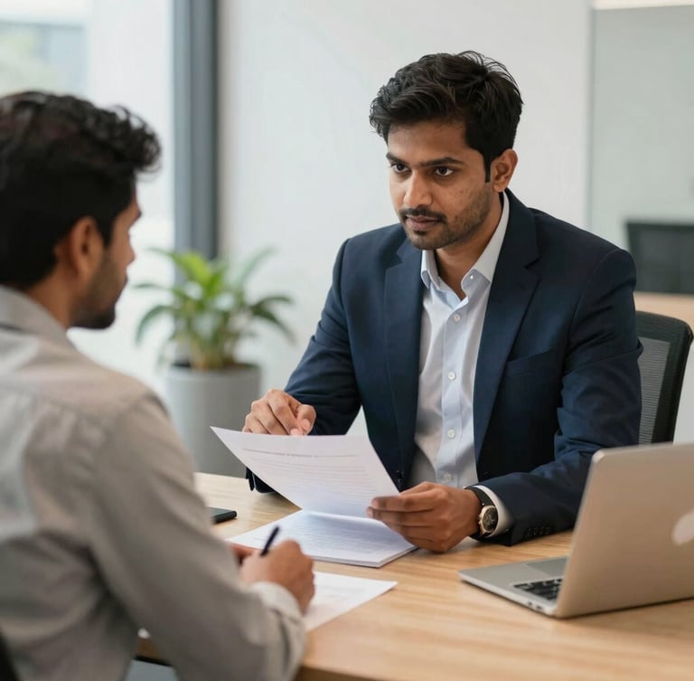 Medium-close shot of an Indian Company Secretary explaining a document to a startup founder in a modern office, natural light, organized desk, professional collaboration, clean corporate navy and warm tones, sharp focus, 35mm.