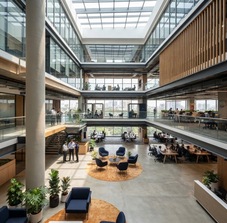 Wide shot of a modern, clean business hub in Bengaluru, architectural details, bright natural light, sharp focus, with a subtle saffron accent in the decor.