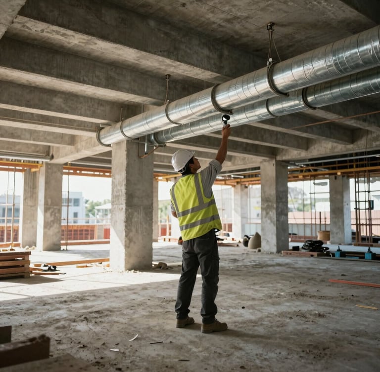 Wide-angle environmental shot of an active commercial construction site, daylight filtering through unfinished concrete, a mechanical engineer in high-vis gear examining overhead ductwork runs, sharp focus.