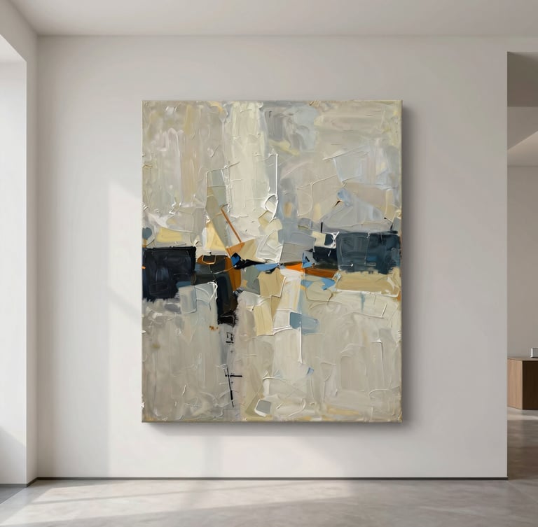 Straight-on flat-lay photograph of a heavily textured abstract oil painting with thick brushstrokes, hanging in a minimalist architectural gallery space, soft natural studio daylight