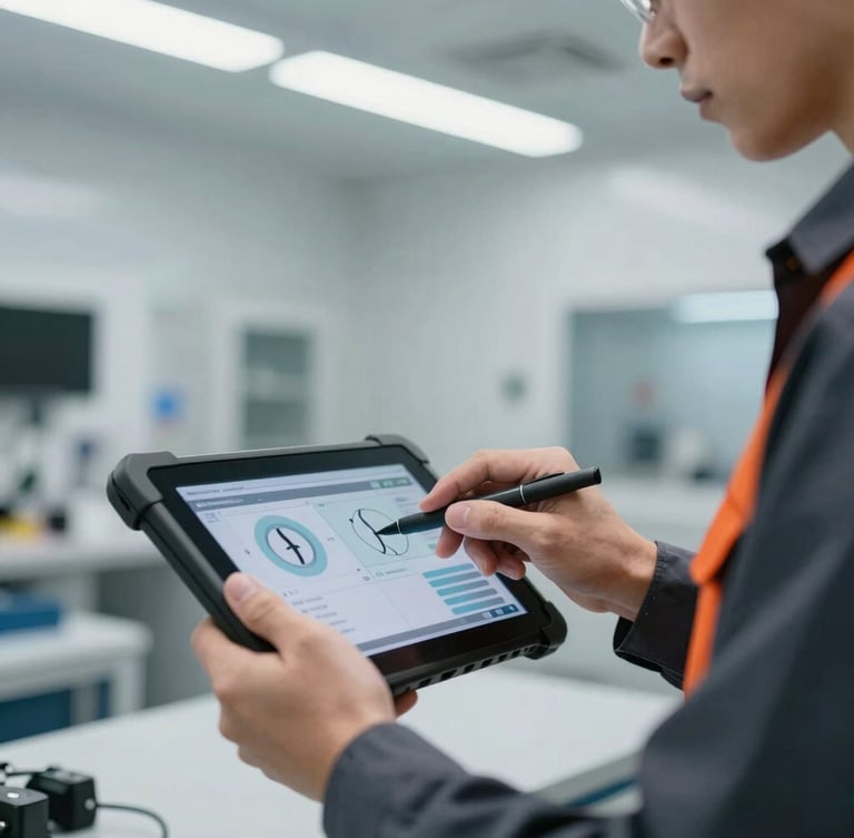 Medium close-up of a master technician's hands using a digital diagnostic tablet inside a clean, brightly lit modern workshop bay, sharp focus, 35mm