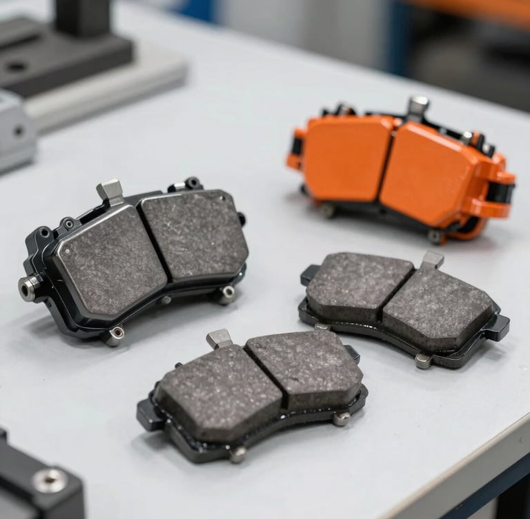 Close-up of clean, high-quality metallic brake pads and caliper assembly on a workbench in a bright workshop, professional 35mm photography