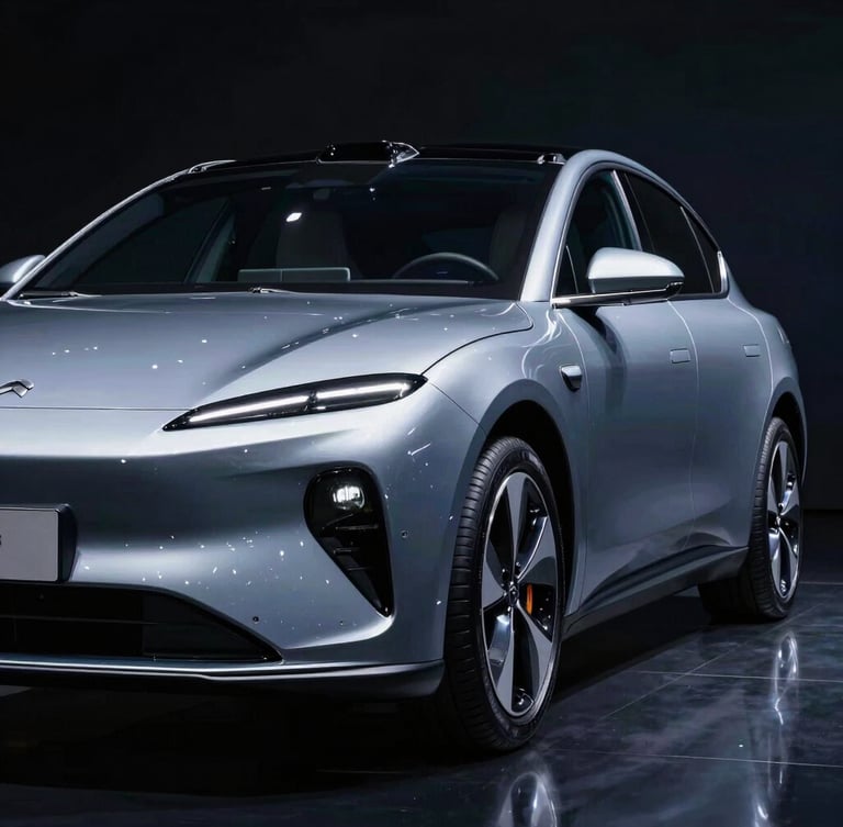 Low-angle heroic shot of a polished modern electric sedan in a dark studio, sharp cold-toned highlights reflecting off the flawless metallic paint, high contrast, 50mm lens.