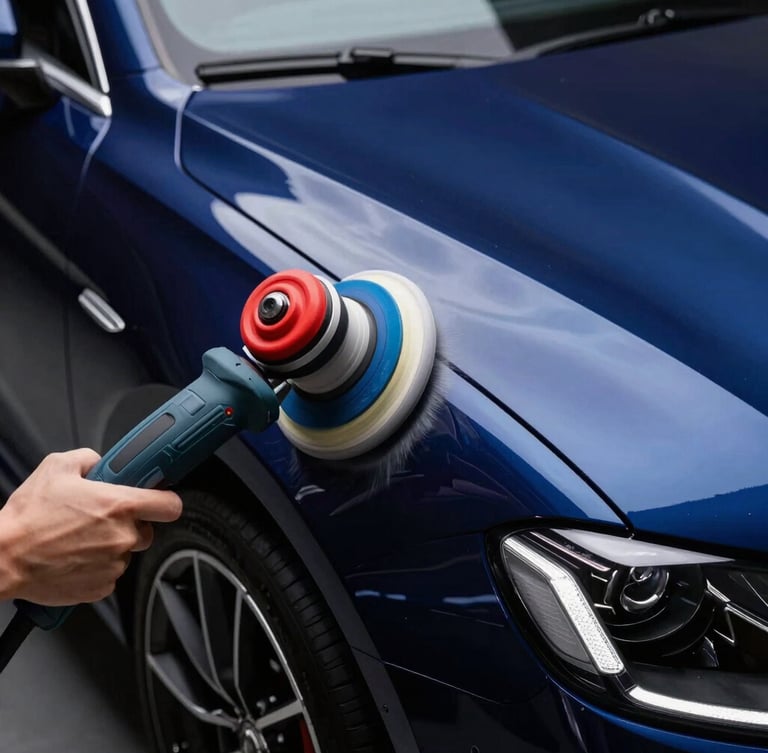 Close-up of a professional detailing rotary polisher gliding over a flawless deep blue car fender, bright studio key light reflecting on the paint, high contrast.