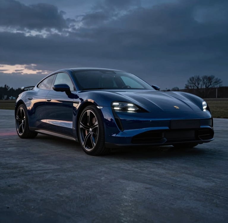 Low-angle heroic shot of a polished modern electric sports car parked on a sleek dark concrete driveway in Vottem, dramatic twilight lighting, deep midnight blue reflections on the flawless paint, sharp cold-toned highlights emphasizing the vehicle's curves, high contrast, 50mm lens.