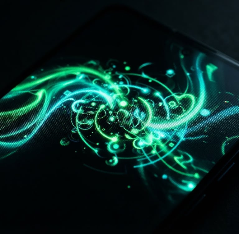 Extreme macro close-up of a modern flagship Android smartphone screen displaying a fluid, high-contrast digital user interface transition, ambient electric green and cyan studio backlighting, low-key dark atmosphere.