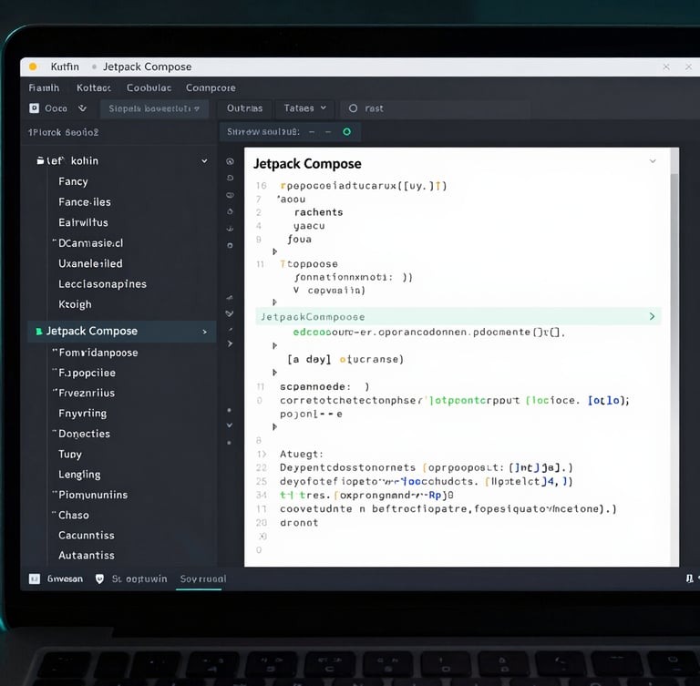 A close-up of a dark-themed IDE displaying clean Kotlin code blocks and Jetpack Compose layouts. Subtle cyan backlighting on the screen edge, high-contrast digital interface.