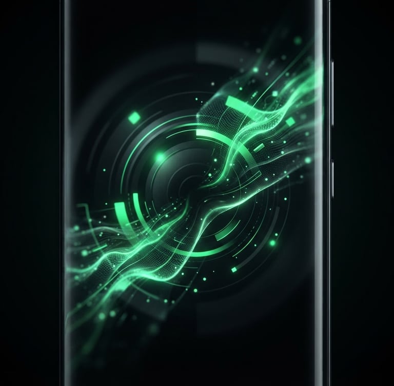 Sleek high-fidelity dark tech photography of a modern Android smartphone screen displaying a fluid UI transition with glowing electric green accents, low-key studio lighting, macro lens, high contrast