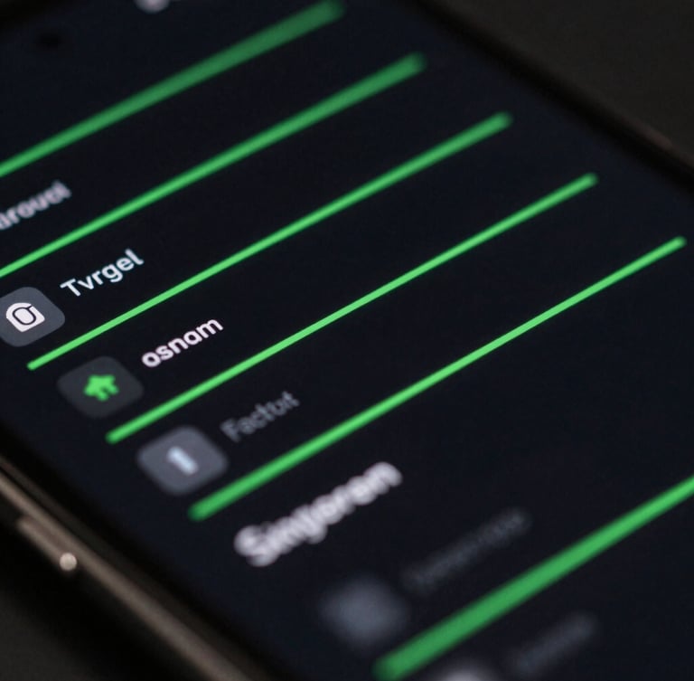 Extreme close-up of a modern Android device displaying a sleek, fluid dark-mode user interface with vibrant green accent lines, low-key studio lighting.