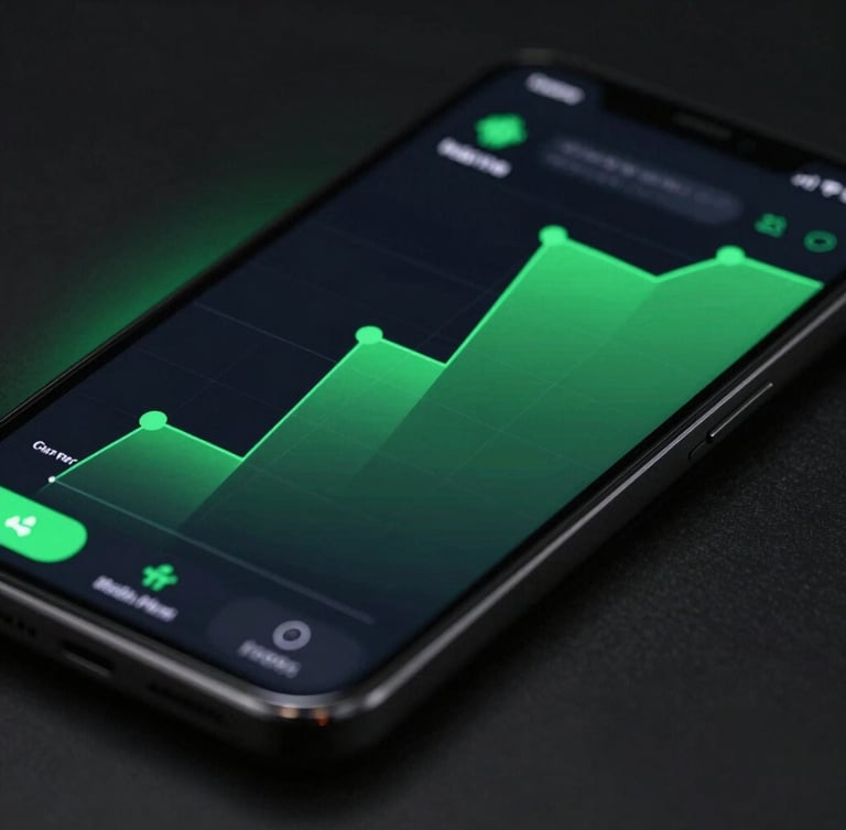 A high-resolution close-up of a modern Android smartphone displaying a dark-themed financial app with fluid green vector charts. Low-key studio lighting with subtle green ambient backlight, macro lens.