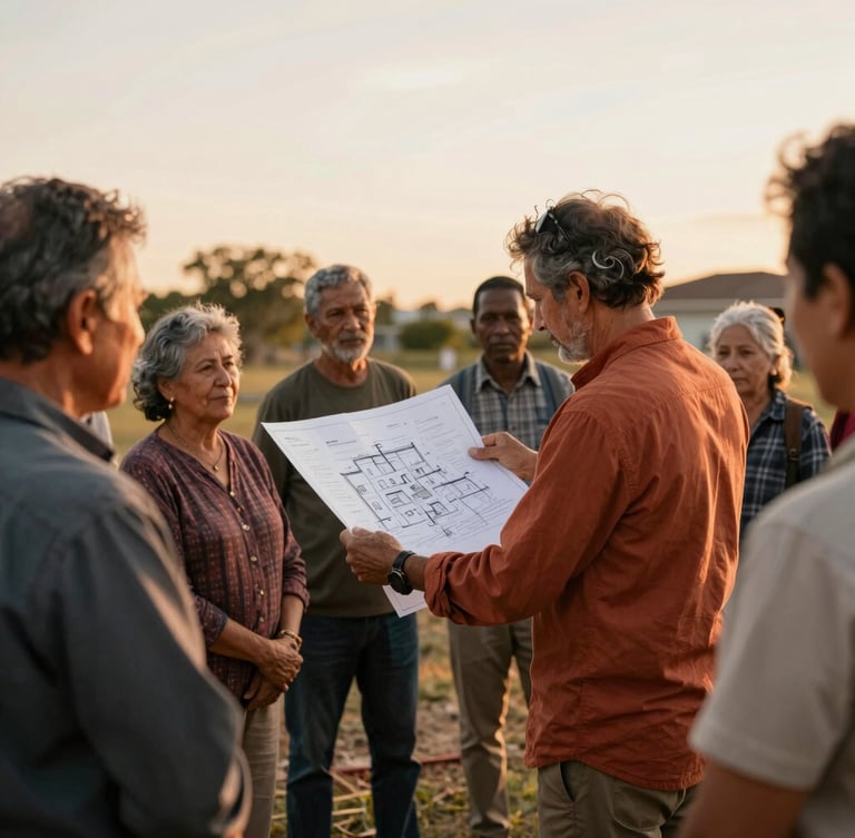 A vertical medium shot of a local community leader in terracotta-toned clothing presenting a hand-drawn architectural plan to a group of engaged neighbors under warm golden-hour light.