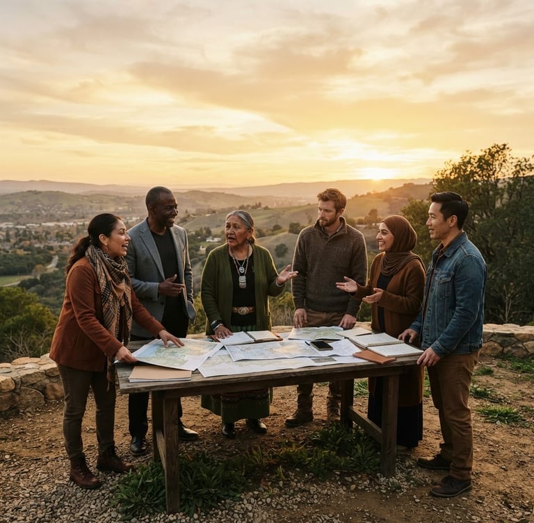 Wide environmental portrait of diverse community leaders in active, dignified collaboration, natural golden-hour light, rich organic earth tones, 35mm, authentic human agency, low horizon with expansive sky.
