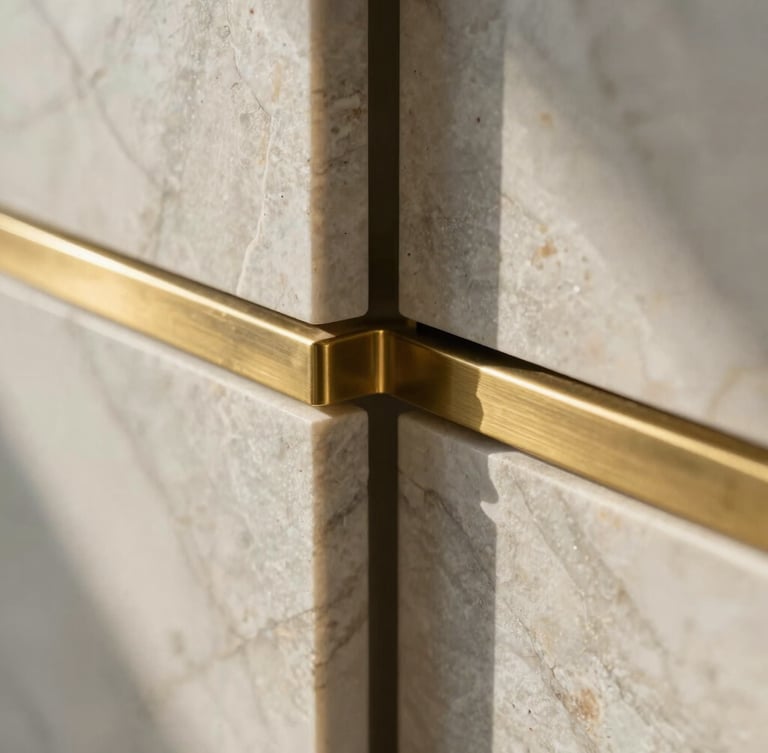 Close-up of raw honed marble and brushed brass joinery, soft morning light highlighting natural stone textures