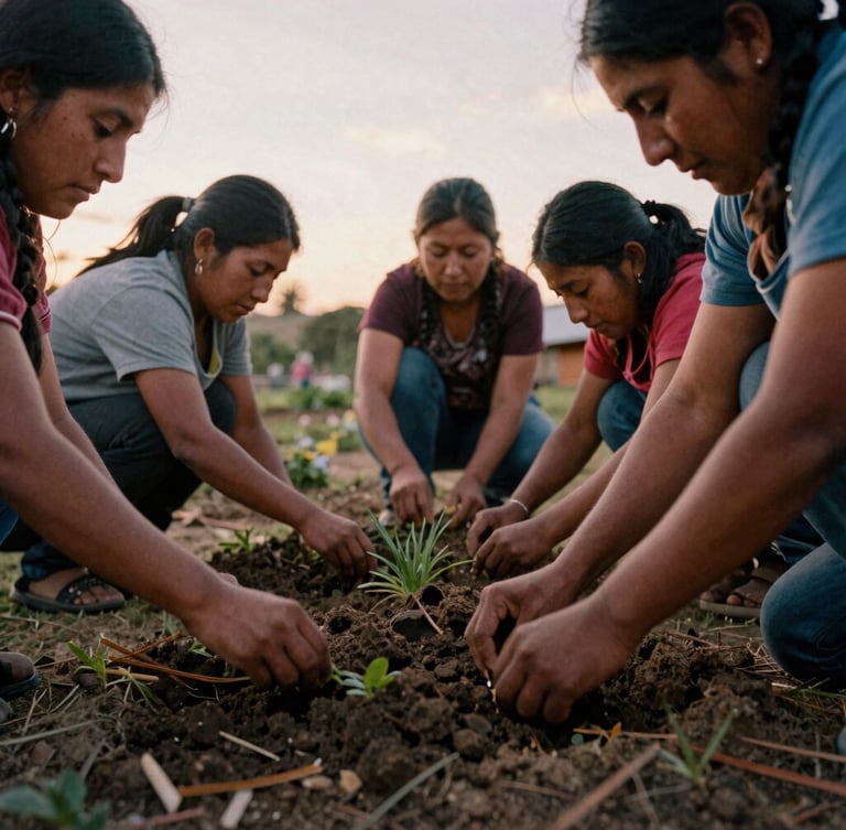 Warm documentary photography of community members in Bolivia gathering outdoors during golden hour, hands working together to build a community garden, 35mm film texture.