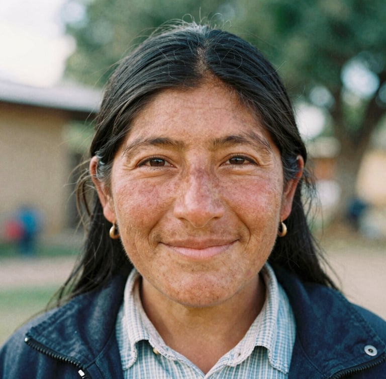 Close-up portrait of a determined Bolivian community educator smiling warmly, soft natural daylight, background with hints of green foliage, 35mm film texture.