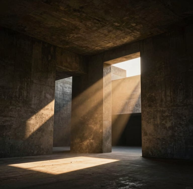 Cinematic architectural photograph, raw concrete brutalist interior, dramatic low-key lighting, golden hour shafts piercing through high concrete slits, volumetric dust, 35mm lens