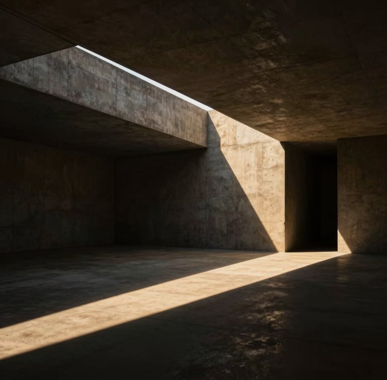 Wide cinematic architectural render of a brutalist concrete pavilion, dramatic low-key lighting with sharp angular shadows, golden-hour light streaming through a narrow skylight, 35mm lens