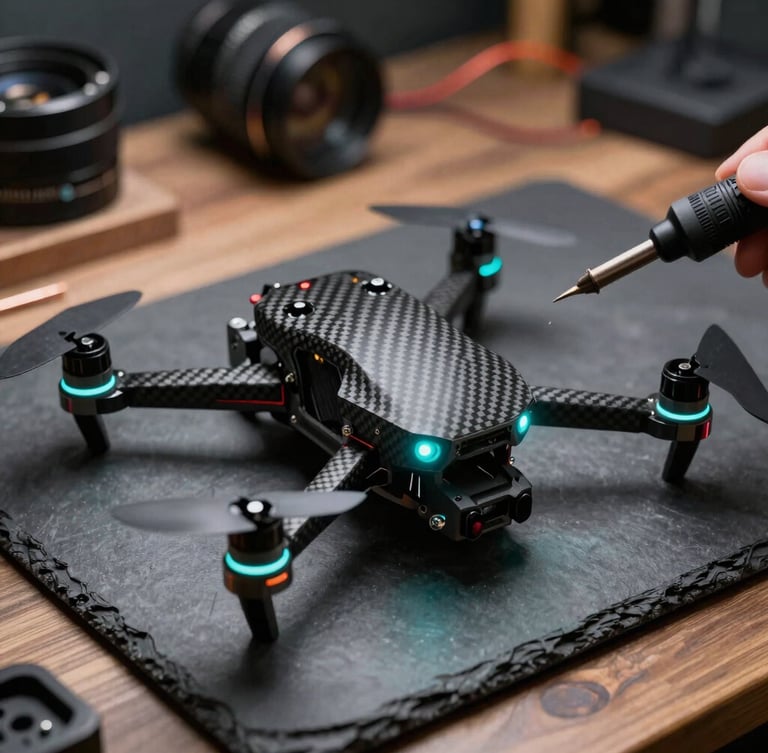 Macro shot of a custom carbon fiber drone frame on a dark slate workbench, glowing cyan status LEDs, soldering iron and copper wires in soft focus, dramatic cold lighting.