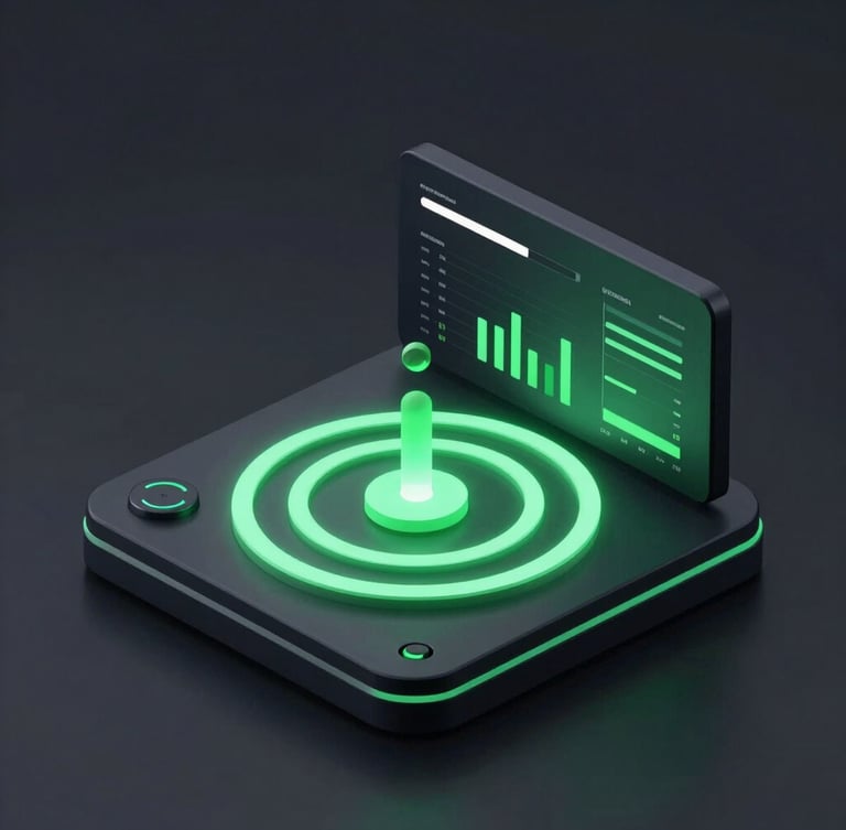 Sleek 3D render of a live dashboard launching, glowing green status rings, dark mode aesthetic, isometric perspective