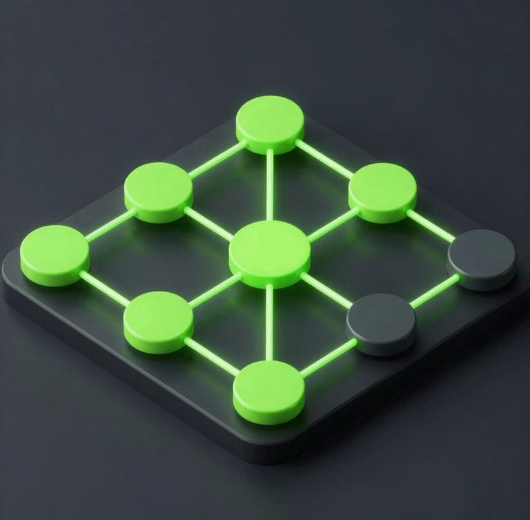 Sleek 3D render of an abstract workflow audit diagram, neon green nodes connected by glowing lines, dark mode aesthetic, isometric perspective