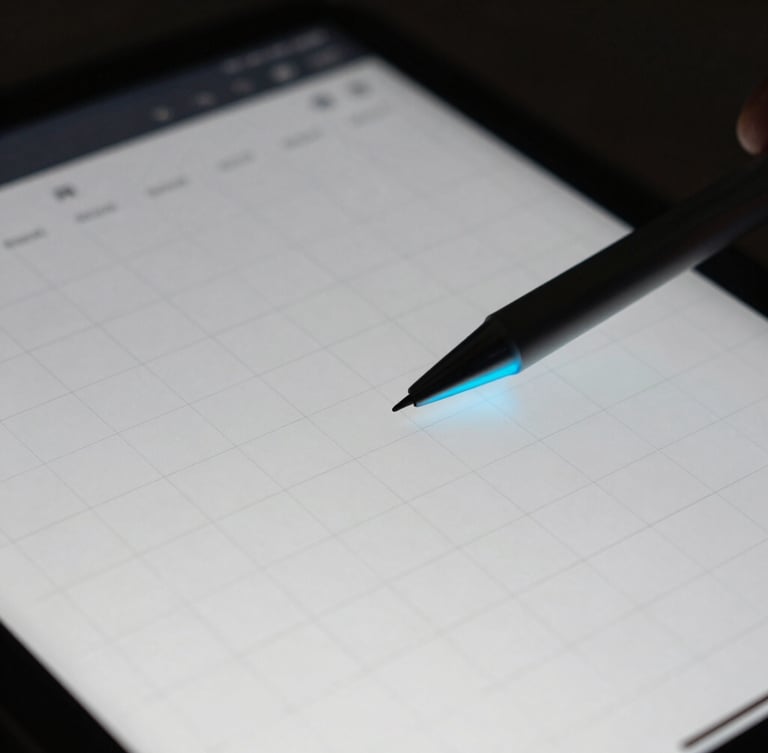 Tight macro shot of a digital planner grid on a dark-mode tablet screen, crisp white lines against obsidian background, subtle electric blue neon edge-lighting, stylus tip resting on the screen, low-key studio photography, portrait aspect.
