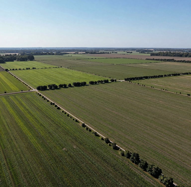 Expansive drone photography of clean-cut land plots with clear boundaries and green vegetation under bright, clear daylight.