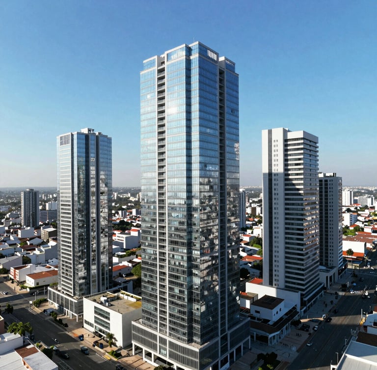 Wide panoramic aerial drone shot of modern high-rise developments in Ciudad del Este, bright midday sunlight reflecting off clean glass facades, clear blue sky, sharp land boundaries visible in the background.