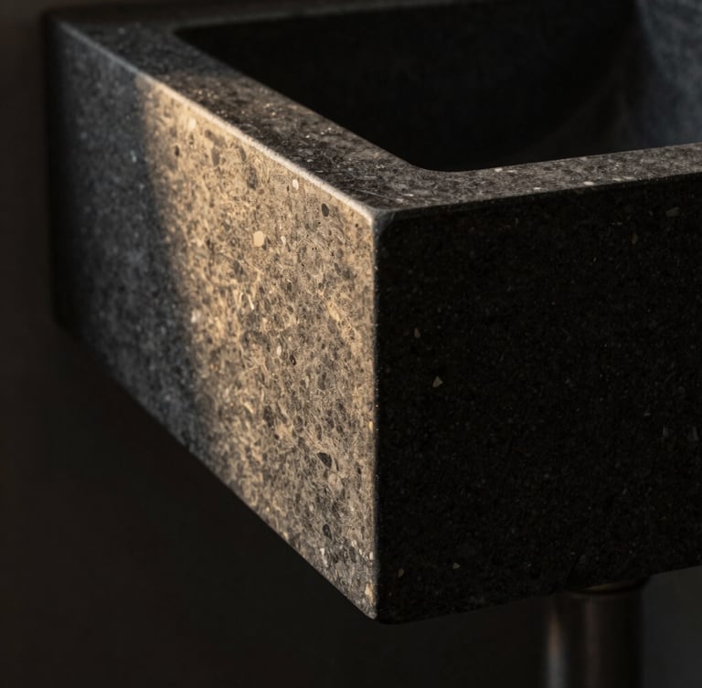 Macro architectural photograph of a sculpted porcelain sink with a perfect mitered joint, dramatic side-lighting, deep charcoal stone texture, razor-sharp focus, 35mm lens.