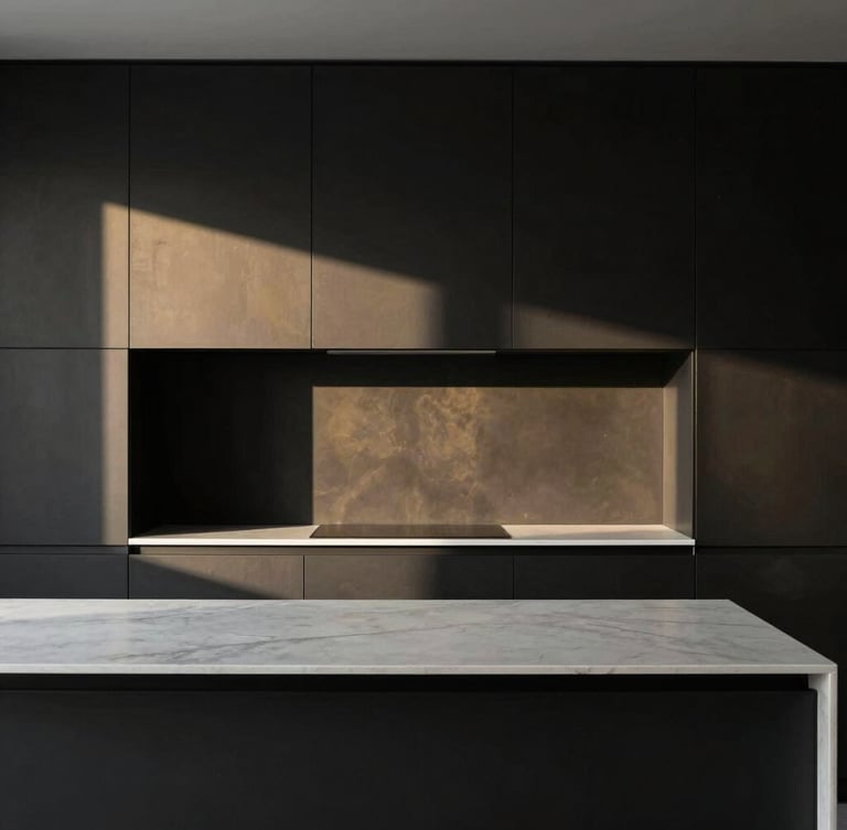 Minimalist kitchen interior with dark custom cabinetry and a seamless integrated porcelain countertop, architectural elevation, moody natural side-light, high contrast