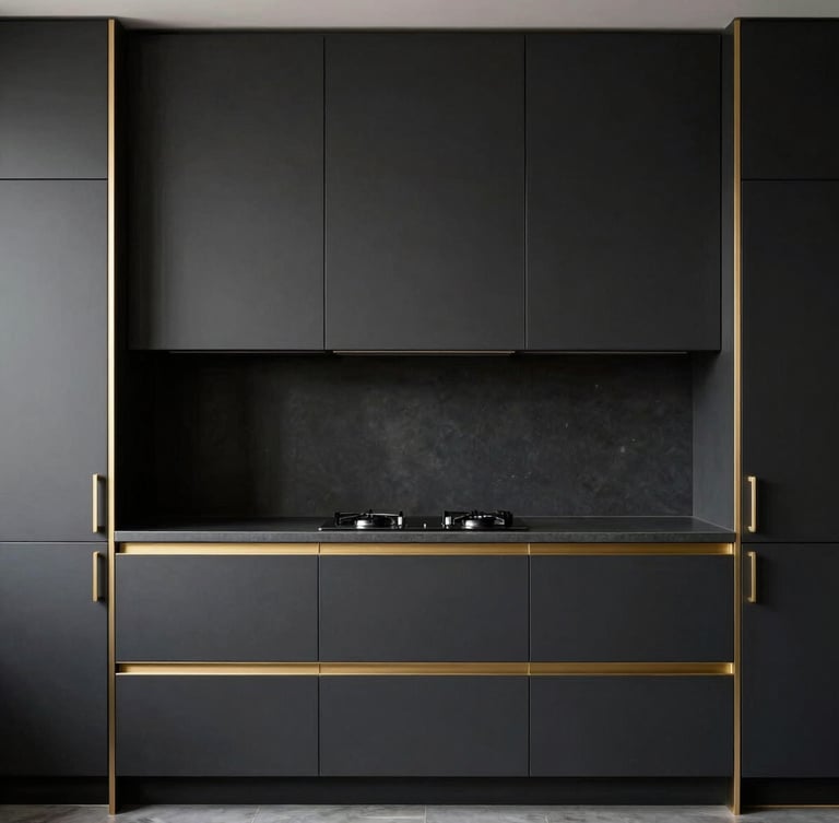 Straight-on architectural elevation of a minimalist luxury kitchen, dark charcoal cabinets, gold hardware inlay, natural side-lighting, sharp focus on wood joints