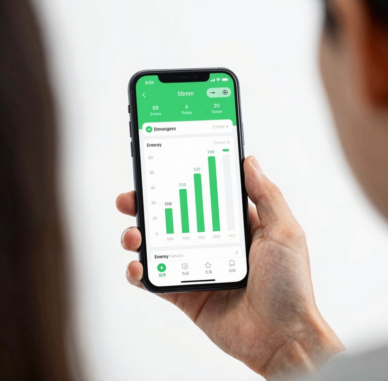 Over-the-shoulder shot of a user viewing a detailed energy savings graph on a smartphone dashboard, clean studio lighting with green accents, sharp focus, 50mm