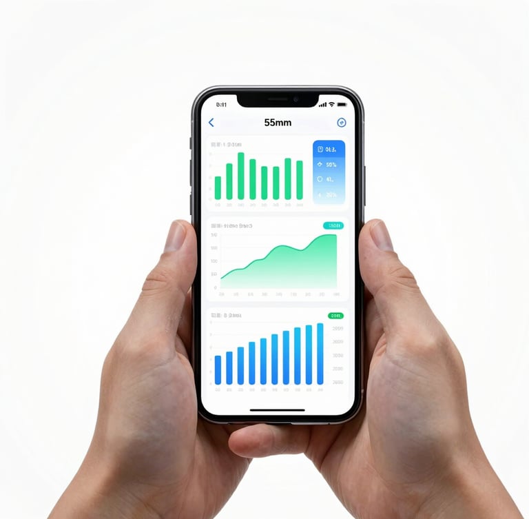 Close-up of hands holding a smartphone displaying a clean digital dashboard with green and blue energy optimization charts, bright clean studio lighting, 50mm