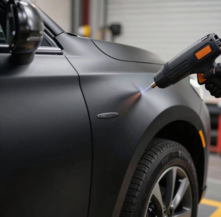 Extreme close-up of a matte black vehicle body being wrapped in high-contrast vinyl, a heat gun in a gloved hand emitting a subtle glow, sharp side-lighting highlighting the tension of the material, industrial workshop environment.