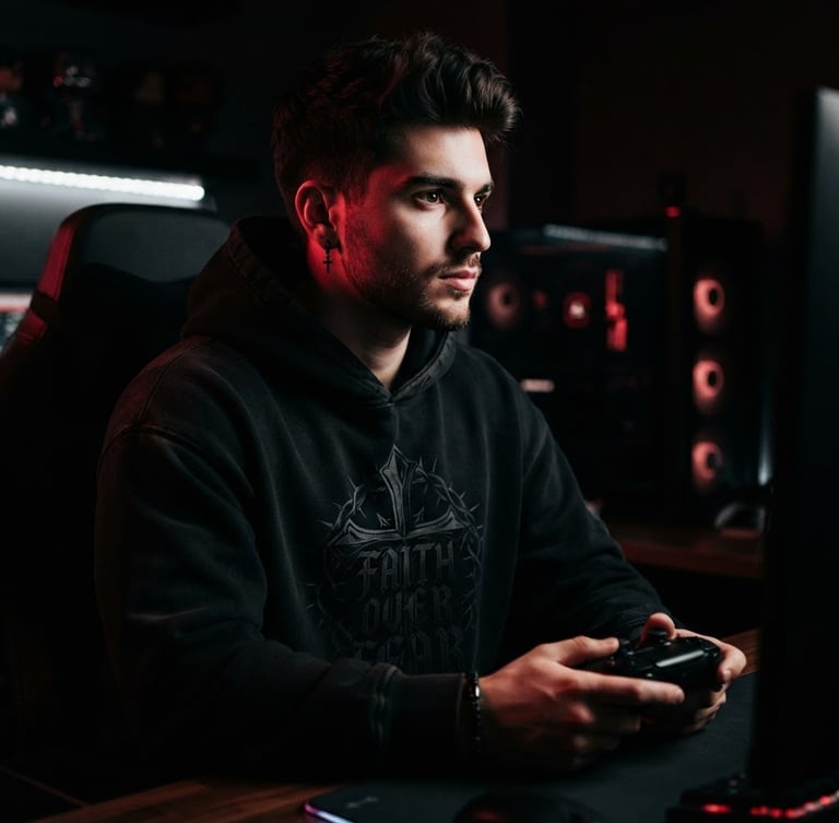 Dramatic low-key portrait of a young man wearing a heavy black Christian graphic hoodie in a dark gaming room, sharp side lighting, crimson highlights