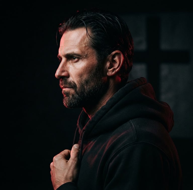 Dramatic low-key portrait of a disciplined man in a dark hoodie, side-lit with deep crimson rim light, dark background with subtle cross motif shadow, high-contrast studio photography.