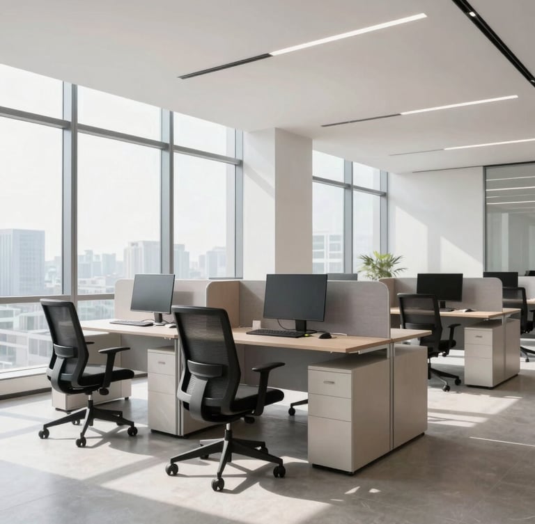 High-end corporate office interior with an ergonomic desk chair and modular workstation, natural daylight streaming through large windows, architectural lines, professional setup.