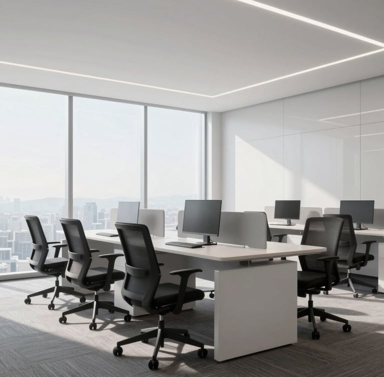 Modern corporate office interior with clean minimalist design, soft natural daylight, professional ergonomic furniture, high-end architectural style, 35mm lens