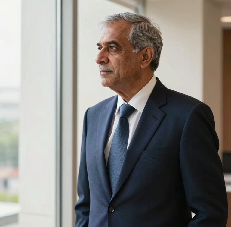 A professional portrait of a senior corporate advisor in a deep navy suit, looking thoughtfully out of a window in Delhi, soft natural lighting, shallow depth of field, 35mm