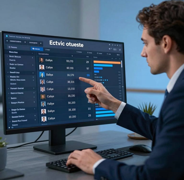 Medium close-up of a focused real estate team leader analyzing active listings on a clean digital dashboard, cool studio lighting, modern slate-toned workspace