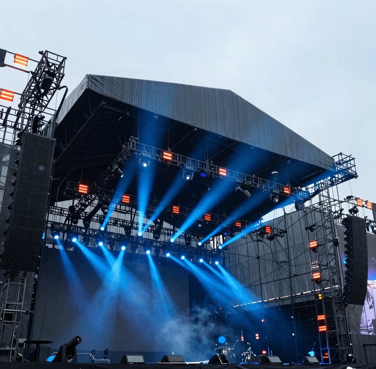 Wide-angle low-shot of massive concert stage rigging, electric blue spotlights cutting through haze, technical precision, high-contrast, sharp focus