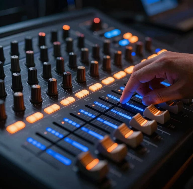Macro tight crop of a professional soundboard with glowing orange dials and blue LED level indicators, hand adjusting a fader, razor-sharp depth of field.