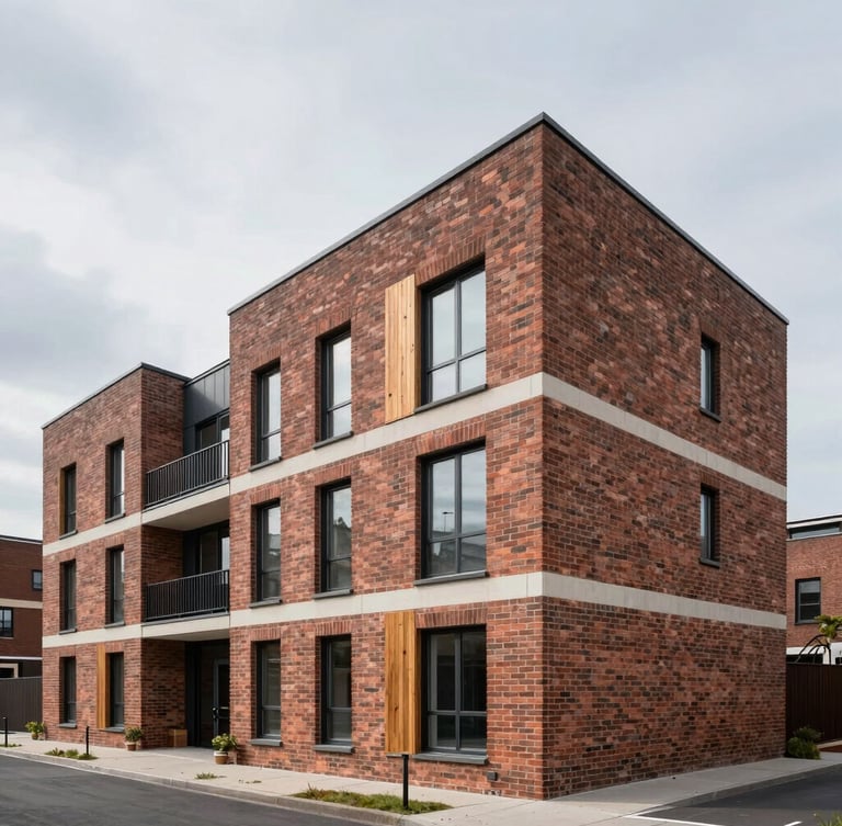 Overcast daylight architectural shot of a modern brick and timber multifamily residential building facade, focusing on clean structural lines and high-quality masonry, wide-angle street-level perspective with generous negative space.