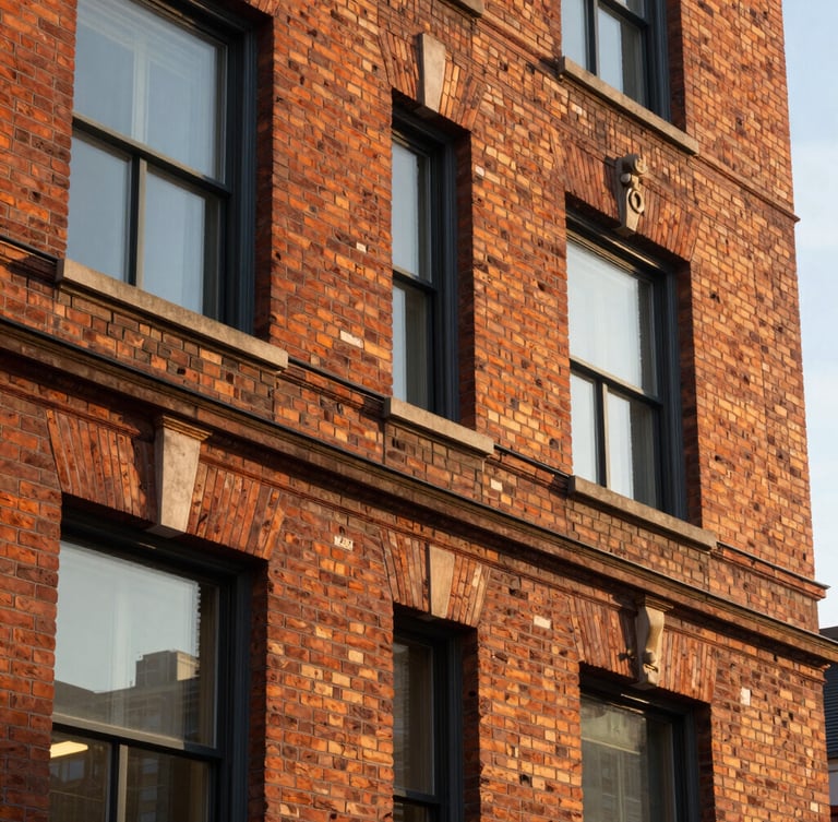 Macro architectural detail of restored historic brickwork and modern dark steel window frames on a multifamily building at golden hour.