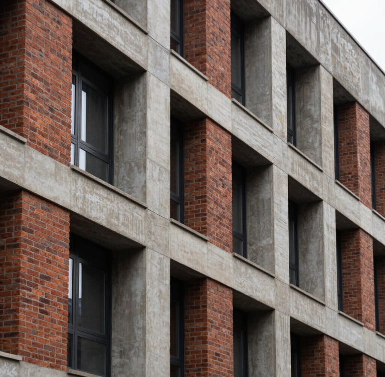 A high-contrast architectural crop of a brick and concrete multifamily building facade under overcast natural light, emphasizing structural textures and clean vertical lines.