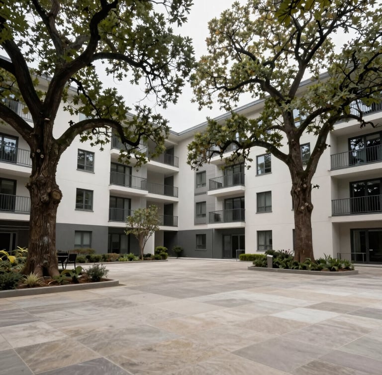 Wide angle environmental shot of a clean, modern apartment courtyard with mature oak trees under overcast daylight.