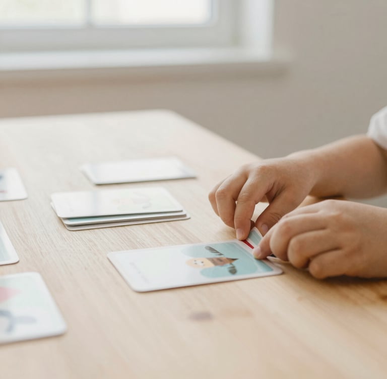 Close-up of a child's hands calmly organizing a color-matching card game on a clean, light wood table. Soft, diffused natural window light, muted pastel tones, warm editorial photography style.