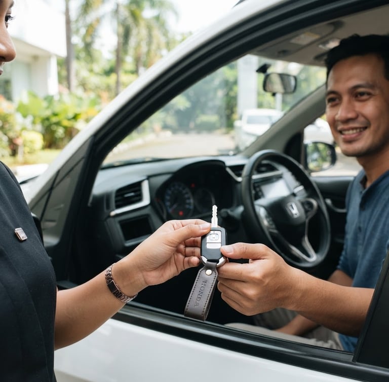 Close-up of clean car keys being handed over to a customer in bright natural Indonesian daylight, clean vehicle dashboard visible in the background, sharp focus