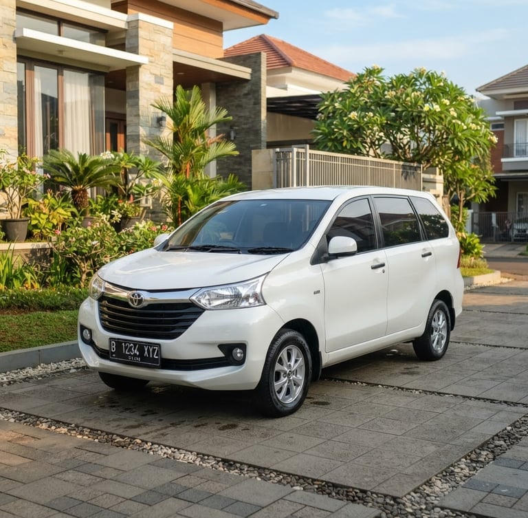 Bright outdoor automotive photography of a clean white Toyota Avanza parked in a modern Indonesian residential driveway, warm morning sunlight, sharp focus.
