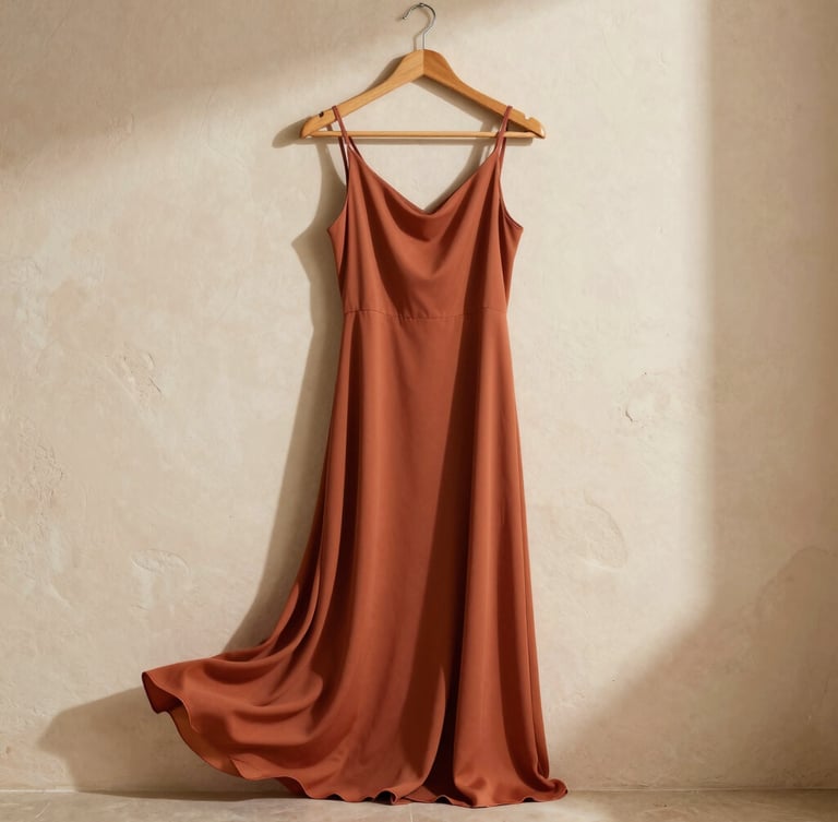 A flowing terracotta maxi dress draped elegantly on a custom wooden hanger, warm side-lighting, organic shadows against a soft cream sandstone wall.